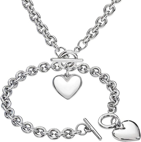 Silver 18k Gold Rose Gold Plated Charm Chunky Stainless Steel Chain Heart Toggle Choker Bracelet Necklace Set for Womens Girls Fashion Valentine Jewelry Set