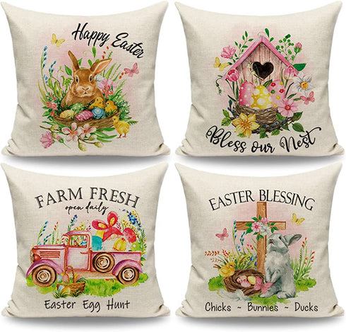 CARRIE HOME Easter Bunny Throw Pillow Covers 18x18 Set of 4 Pink Easter Decorative Throw Pillows Farmhouse Rabbit Eggs Carrot Happy Easter Decorations for The Home Couch and Outdoor Porch
