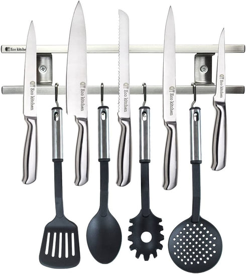 Magnetic Knife Holder for Wall - Metal Knife Magnetic Strip 12 Inch - Stainless Steel Knife Magnet Bar Rack With Hooks - Kitchen Utensil Holder and Knife Storage Holder