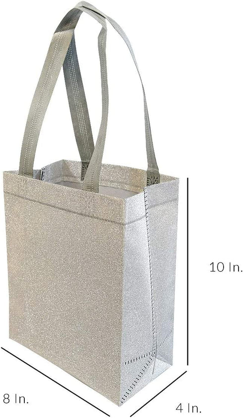 Silver Gift Bags - 12 Pack Medium Silver Reusable Gift Bag Tote with Handles, Glitter Metallic Bling Shimmer, Eco Friendly for Kids Birthdays, Bridesmaids, Party Favors, Grocery Shopping - 8x4x10