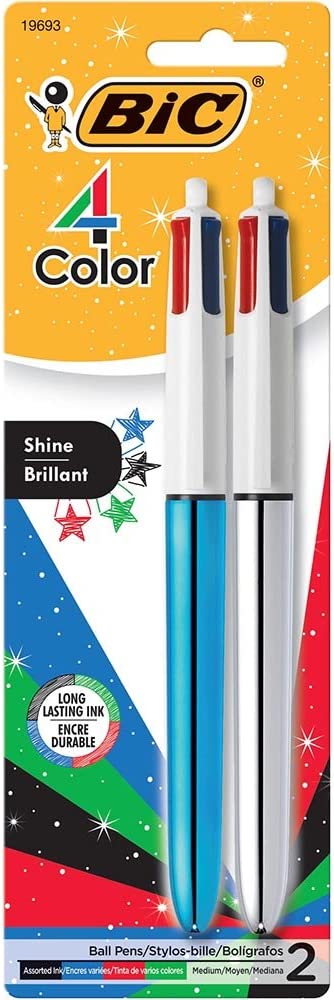 BIC 4-Color Shine Ball Pen, Medium Point (1.0 mm), Metallic Barrel, Assorted Inks, 2 Count