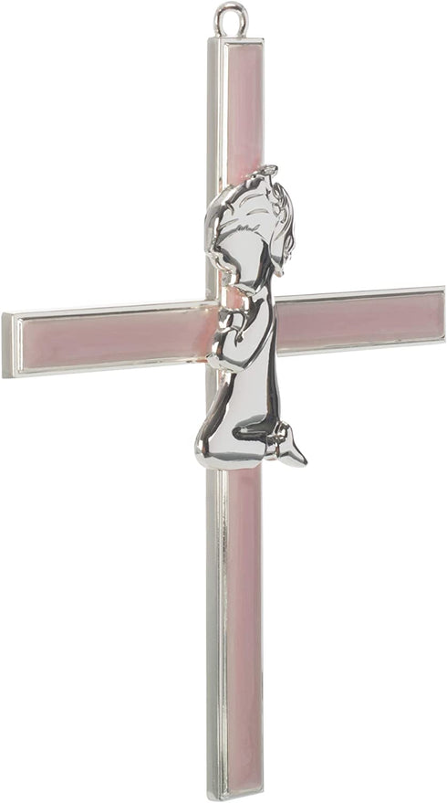 Girl Kneeling To Pray Soft Pink and Silver 6 inch Zinc Alloy Metal Wall Cross