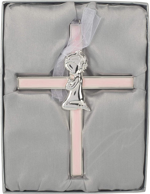 Girl Kneeling To Pray Soft Pink and Silver 6 inch Zinc Alloy Metal Wall Cross