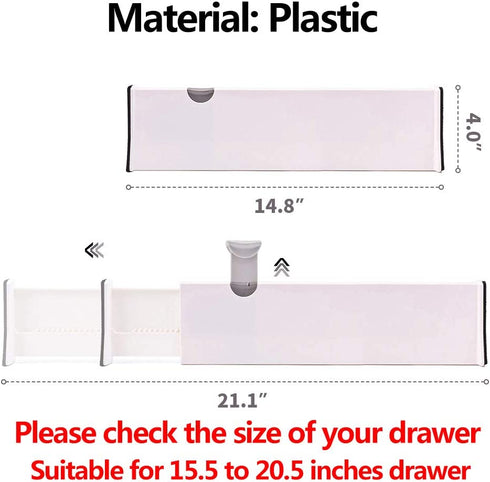 Set of 4 Adjustable Dresser Drawer dividers Organizers, Plastic Expandable Drawer Organization Separators for Kitchen, Bedroom, Closet, Bathroom, Clothing, Cabinet, Clothes, Underwear, Office, X-Large