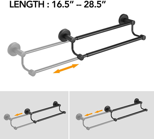 BESy Adjustable 16.5-28.5 Inches Double Bath Towel Bar for Bathroom SUS304 Stainless Steel Towel Holder, Hotel Style Wall Mount with Screws Hand Towel Bar?Towel Rack Rod Hanger, Matte Black Finish