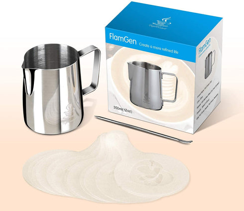 FlamGen Milk Frothing Pitcher 12 oz/350ml, Espresso Steaming Pitcher with Tick Mark, Decorating Art Pen, 16PCS Coffee Decorating Stencils
