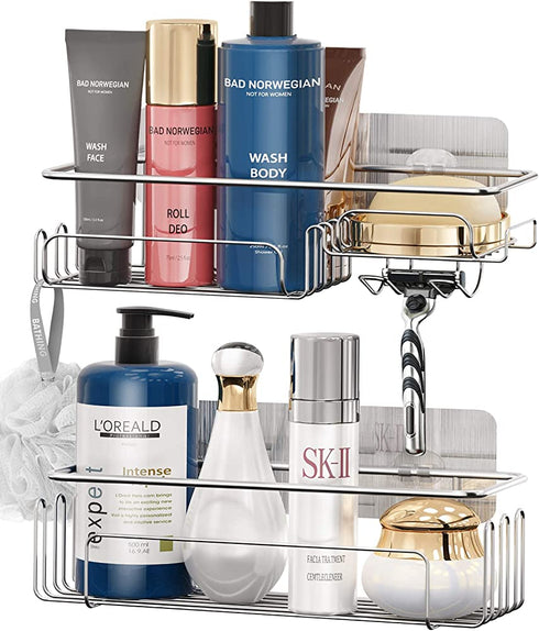 2-pack Shower Caddy Basket Shelf SUS304 Stainless Steel Bathroom Shelf with 11 Hooks ,Bearing 30 pounds, Without Drilling Fixed by Shower Shelf Adhesive Storage,2-in-1 Kitchen Spice Organizer