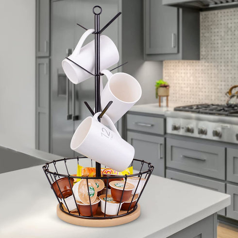 LadyRosian Coffee Cup Holder - Metal Tree Shape Multipurpose Mug Holder with 6 Hooks - Coffee Cup Stand for Counter with Bamboo Base and K Cup Holder Basket - Easy Install Home Storage Rack Holder