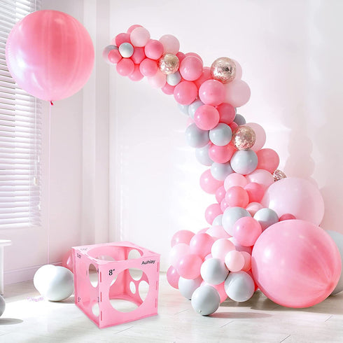 Auihiay 12 Holes Plastic Balloon Sizer Box Cube, Pink Collapsible Balloon Size Measurement Tool for Balloon Arches, Balloon Towers, Balloon Columns and Balloon Decorations (2-10 Inch)