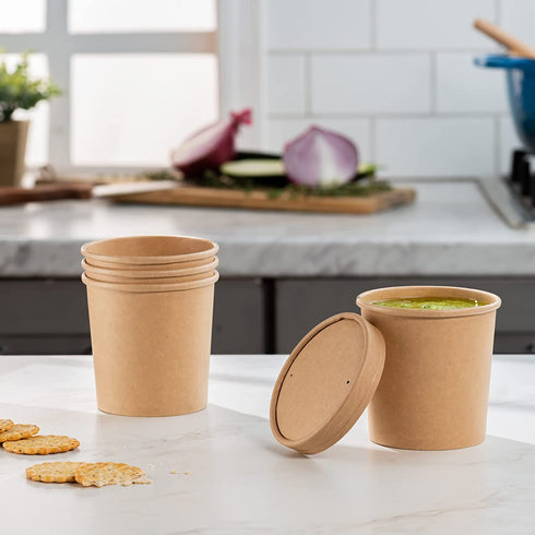 16 oz. Paper Food Containers With Vented Lids, To Go Hot Soup Bowls, Disposable Ice Cream Cups, Kraft - 25 Sets