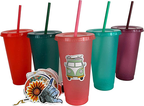 Crazy Chicken Lady Glitter Cups - Large Reusable Cold Tumblers with Lids & Straws | 5-Pack 24oz | Customizable DIY Gifts, Includes Vinyl Decals Sticker Set.