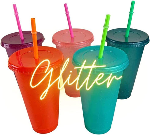 Crazy Chicken Lady Glitter Cups - Large Reusable Cold Tumblers with Lids & Straws | 5-Pack 24oz | Customizable DIY Gifts, Includes Vinyl Decals Sticker Set.