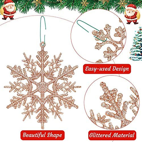 Blulu 50 Pieces Plastic Snowflake Ornaments Glitter Snowflake Christmas Tree Hanging Decorations with 50 Pieces Hooks for Winter Home Wonderland Decor Xmas Party Favors Supplies (Rose Gold)