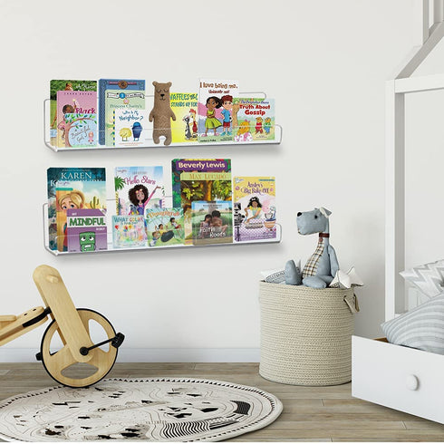 Kids Floating Bookshelves, Acrylic Wall-Mounted 13.7 inches 4 Pack, Clear Invisible Wall Bookshelves Ledge Book Shelf, 5MM Thicker with Free Screwdriver