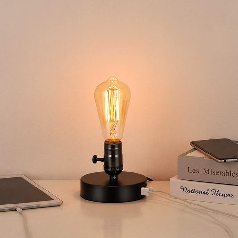 BTY Vintage Table Lamp Base E26 with USB Port Mini Industrial Table Lamp USB Small Nightstand Lamp Holder for Table, Bedside, Bedroom (Black)