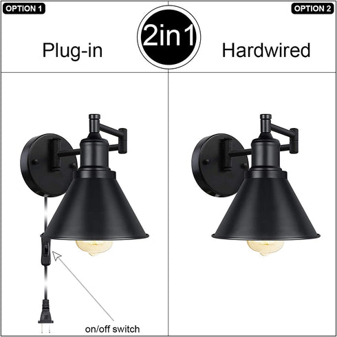 Swing Arm Wall Light Fixtures Wall Light Plug-in Cord Industrial Wall Sconce Black Finish (1 Light)
