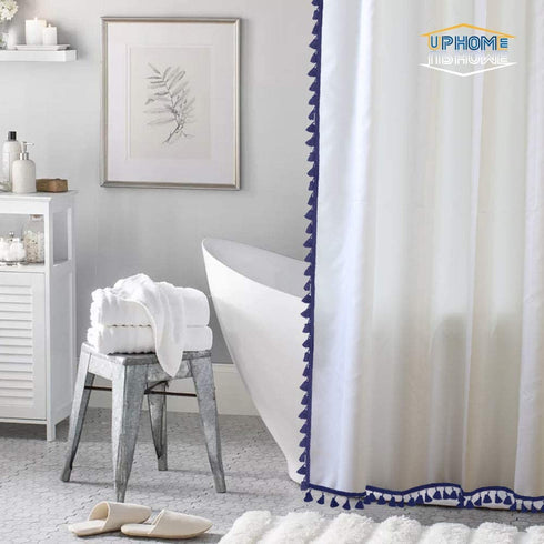 Uphome Tassel Shower Curtain, White Fabric Shower Curtain with Blue Fringe Trims, Vintage Boho Chic Cloth Shower Curtains for Bathroom Showers, 72 x 72
