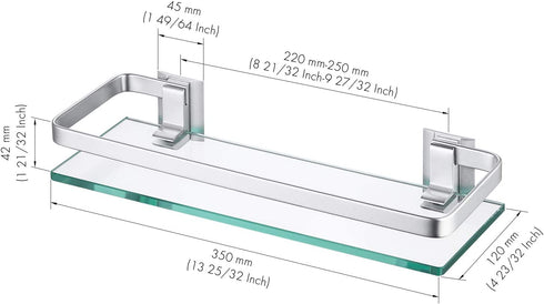 KES Aluminum Bathroom Glass Shelf Tempered Glass Rectangular 1 Tier Extra Thick Silver Wall Mounted, A4126A