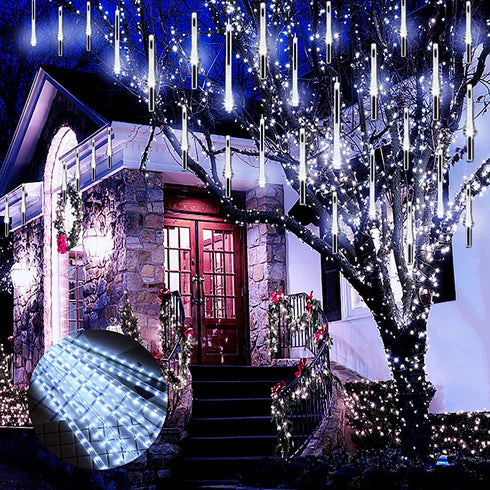 Christmas Lights Outdoor, Meteor Shower Lights Falling Rain Lights 12 inch 8 Tube 192 LED Cascading Icicle Christmas Lights for Xmas New Year Decoration Wedding Party, UL Plug, White