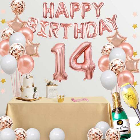 Fancypartyshop 14th Birthday Decorations - Rose Gold Happy Birthday Banner and Sash with Number 14 Balloons Latex Confetti balloons Ideal for Gir 14 Years Old Birthday Rose Gold