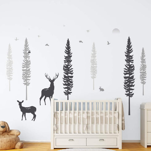 TIMBER ARTBOX Woodland Nursery Decor Dreamy Forest Theme Pine Tree Wall Decals with Animals, Deers & Owl Cute Baby Boy Girl Kids Wall Stickers for Playroom, Bedroom, Classroom & Daycare
