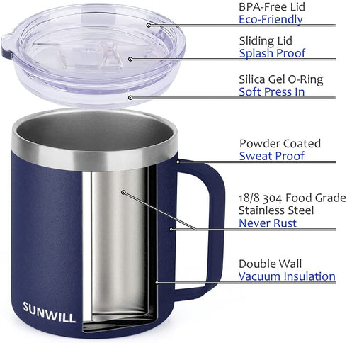 SUNWILL 14 oz Coffee Mug Set, Vacuum Insulated Camping Mug with Lid, Double Wall Stainless Steel Travel Tumbler, Coffee Cup Outdoor, Powder Coated Navy Blue & Wine Red 2 Pack