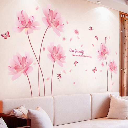 BuerHomie Pink Flowers Wall Stickers, Butterfly Decals for Living Bedroom, Art Décor for Nursery Girl Kids Room, Easy Furniture Refurbishment DIY