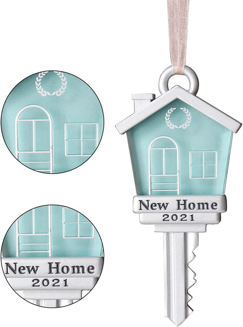 New Home Key Ornament 2021, New House Chrismas Keepsake Gifts Decoration, New House Move in Key- with Gold Ribbon (Blue)