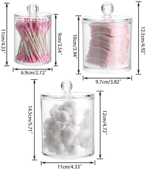 Hipiwe Set of 3 Cotton Ball and Swab Organizer with Lid - Apothecary Acrylic Jar Makeup Cotton Organizer Q-Tips Holder Bathroom Vanity Storage Canister Jar for Cotton Rounds Pads