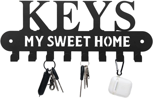 Black Metal Key Holder Hooks with Sweet Home Decorative for Wall Mounted Decor to Hang Keys Scarves Pet Leashes in Front Door Kitchen Garage Campers and Cabin, 8 Hook Racks