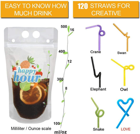 120 Pcs Zipper Plastic Pouches Drink Bags, Heavy Duty Hand-Held Translucent Frosted Reclosable Stand-up Bag 2.4" Bottom Gusset with 120 pcs Straws & Funnel Included