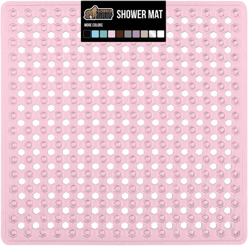 Gorilla Grip Patented Shower Stall Mat, 21x21, Machine Washable, Square Bathroom Bath Tub Mats for Stand up Showers and Small Bathtubs, Drain Holes Keep Floor Clean, Suction Cups, Light Pink