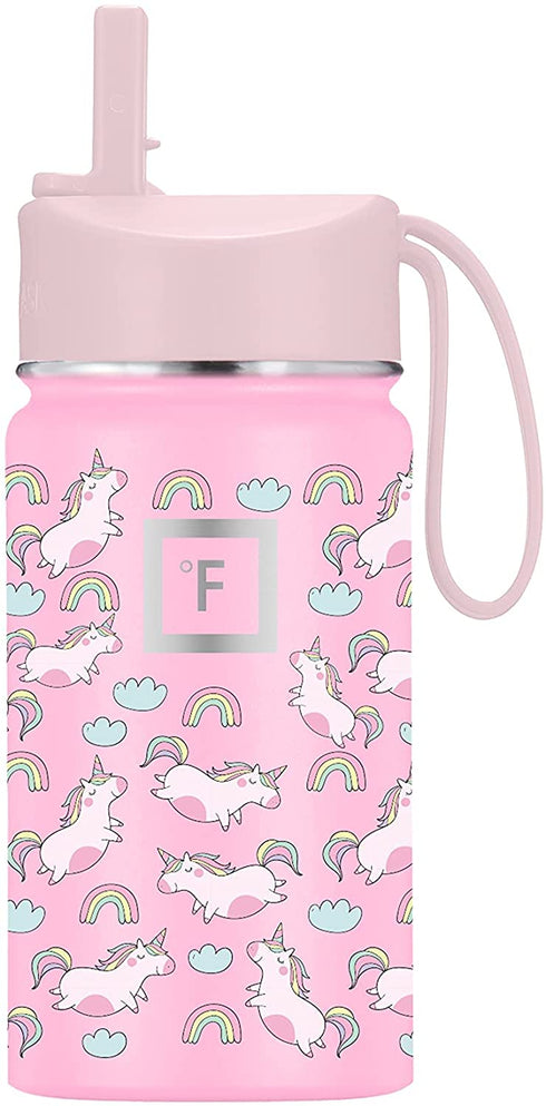 IRON °FLASK Kids Water Bottle - 14 Oz, Straw Lid, 20 Name Stickers, Vacuum Insulated Stainless Steel, Double Walled Tumbler Travel Cup, Thermo Mug, Metal Canteen Stardust Unicorns