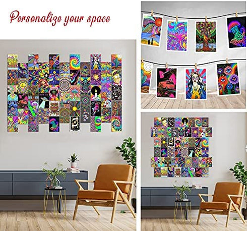 Woonkit Trippy Room Decor, Indie Room Decor, Hippie Room Decor, Indie Hippie Trippy Posters, Teen Wall Bedroom Dorm Aesthetic Poster, Photo Wall Collage Kit Pictures, Psychedelic Posters, 50PCS 4X6 INCH