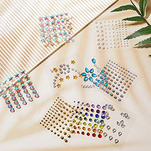 9 Sheets Eye Body Face Gems Jewels Rhinestone Stickers Self Adhesive Crystal Rainbow Makeup Diamonds Face Stick Gems for Women Festival Accessory and Nail Art Decorations (Star and Bead)