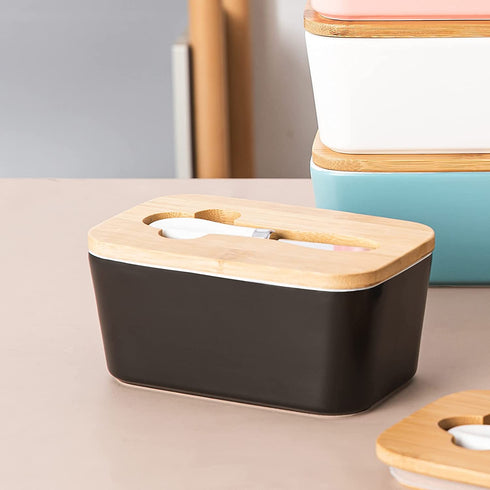Porcelain Butter Dish with Knife & Wooden Lid, Candiicap Airtight Butter Keeper for Countertop, Large Butter Holder for East West Coast Butter(Matte Black)