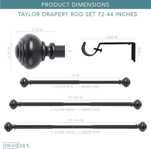 SnugSet | Quick Easy Installation | No Tools Option | 72-144" Adjustable | 1" Dia. Durable Steel Rod | Supports Heavy Fabrics | Decorative Knob Finial Black