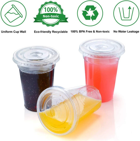 Eupako 9 oz Plastic Cups with Lids, 9 Ounce Clear Disposable Plastic Party Cups with Flat Lids, Cold Drink Cups Pack of 100