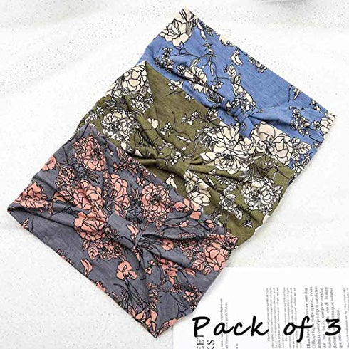 Aceorna Boho Bandeau Headbands Wide Knot Hair Scarf Floral Printed Hair Band Elastic Turban Thick Head Wrap Stretch Fabric Cotton Head Bands Thick Fashion Hair Accessories for Women Pack of 3 (Boho)
