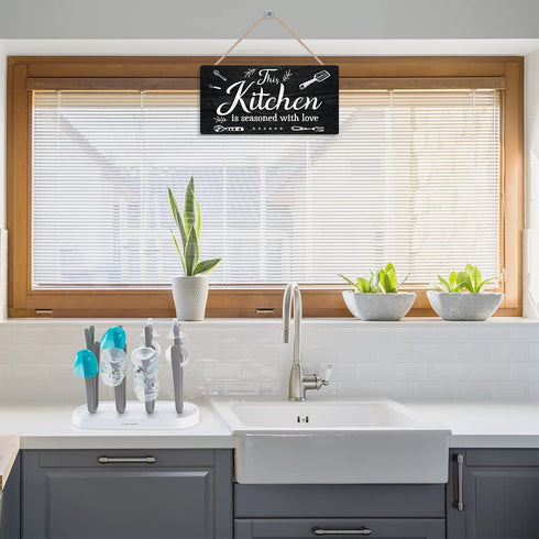 TOARTi Modern Kitchen Wood Hanging Sign Plaque, Kitchen is Seasoned with Love Wooden Hanger, Warming Saying Wall Art Sign for Kitchen, Restaurant, Farmhouse Decor (8''x16'')