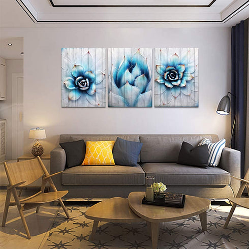 Canvas Wall Art for living room family bedroom Wall Decor modern wall decorations for kitchen Canvas art cactus blue flowers wall pictures Artwork 12" x 16" 3 Piece bathroom Home Decoration painting