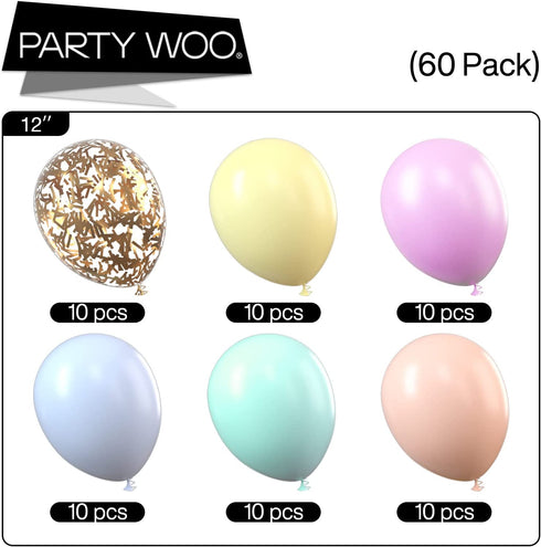 PartyWoo Pastel Balloons, 60 pcs 12 Inch Pastel Latex Balloons, Gold Glitter Balloons, Pastel Colour Balloons for Pastel Party Decorations, Pastel Birthday Decorations, Pastel Rainbow Party Supplies