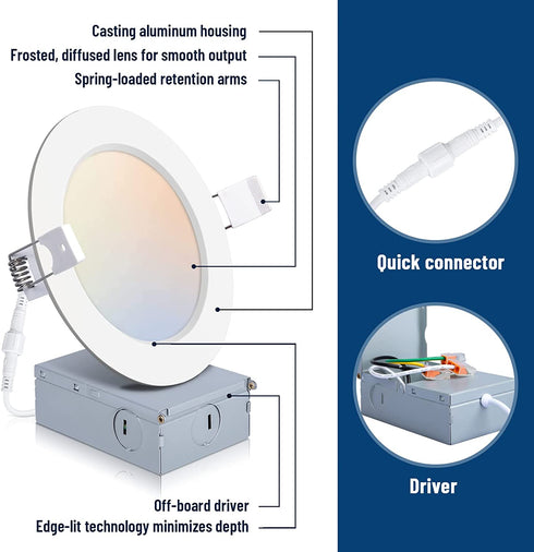 12 Pack 4 Inch Ultra-Thin LED Recessed Ceiling Light with Junction Box, 5CCT Dimmable 2700K/3000K/4000K/5000K/6000K, 9W 700lm Eqv, Can Killer Downlight-ETL and Energy Star Certified