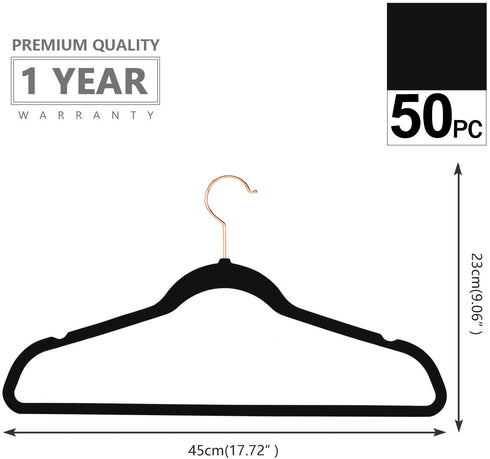 Premium Velvet Hangers (Pack of 50) Heavyduty - Non Slip - Velvet Suit Hangers Black - Copper/Rose Gold Hooks,Space Saving Clothes Hangers