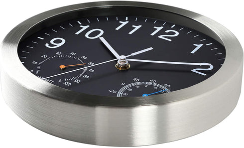 Fzy.bstim Non Ticking Silent Wall Clocks Battery Operated,10 Inch Quality Quartz Analog Wall Clock with Thermometer and Hygrometer,Decorative for Kitchen,Living Room,Bathroom,Office,Garage(Black)