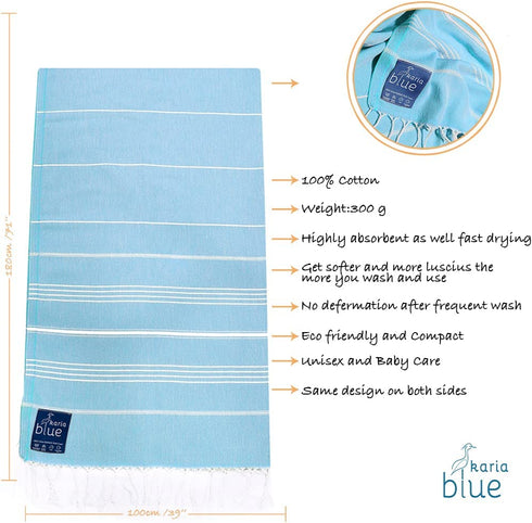 Karia Blue - Turkish Beach Towel (38 x 66) - 100% Cotton - Easy Dry Bath Towels - Authentic Turkish Towels - Vibrant Colors - Highly Absorbent - Extra Soft Touch - Prewashed€¦ (Troioan Blue)
