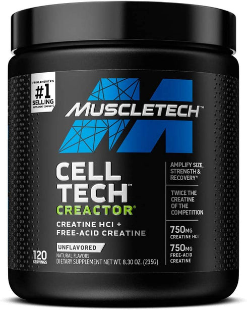 Creatine Powder | MuscleTech Cell-Tech Creactor Creatine HCl Powder | Post Workout Muscle Builder for Men & Women | Creatine Hydrochloride + Free-Acid Creatine | Unflavored HCl Creatine (120 Servings)