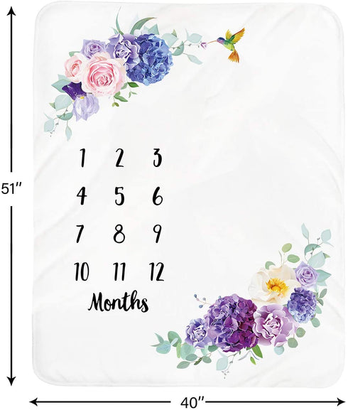 Baby Monthly Milestone Blanket Girl - Floral Newborn Month Blanket Personalized Shower Gift Soft Plush Fleece Photography Background Photo Prop Flower Blanket with Wreath Headband Large 51''x40''