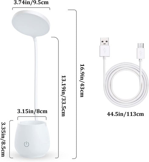 IEIK Desk Lamp for Home Office LED Desk Light with Pen Holder Phone Holder, Flexible Gooseneck Table Lamp with 1250 mAh USB Rechargeable Battery Stepless Dimming Study Lamp for Kids Bedroom Dorm