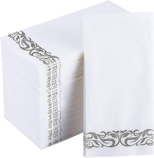 JOLLY CHEF 100 Disposable Hand Towels , Soft and Absorbent Line-Feel Dinner Napkin, Elegant Decorative Paper Guest Towels for Kitchen, Bathroom,Weddings,Parties, Silver and White